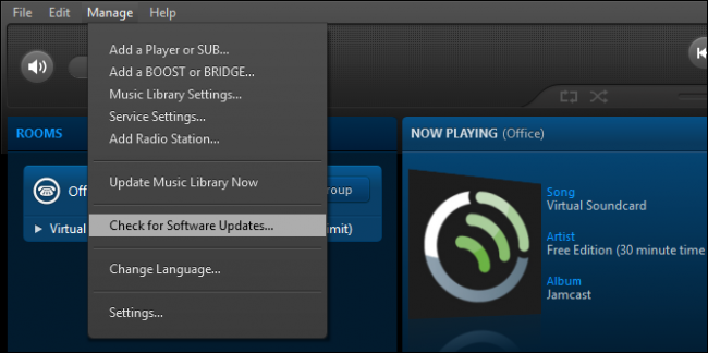 Checking for software updates option in Sonos Controller menu