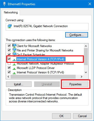 Ethernet properties window highlighting internet protocol version 4 and the properties button beneath.
