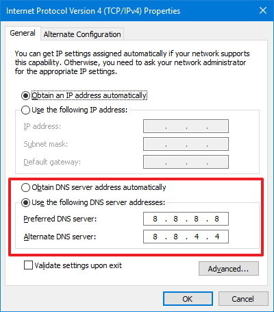 Internet protocol version 4 window highlighting the use the following DNS server addresses area.