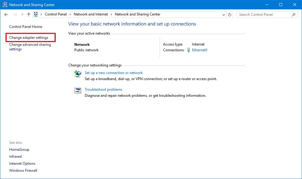 Network and sharing center window with change adapter settings highlighted.