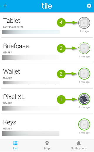 Device status indicator on Tile app main screen.