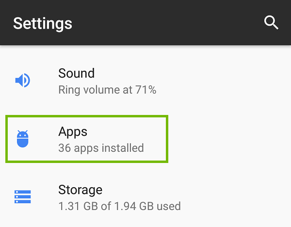 Settings with Apps highlighted.