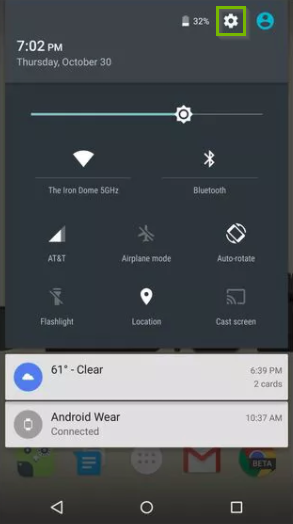 Quick Settings page with Settings gear highlighted