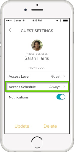 August home guest settings with access schedule highlighted