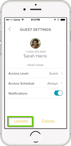 August home app guest settings showing update button