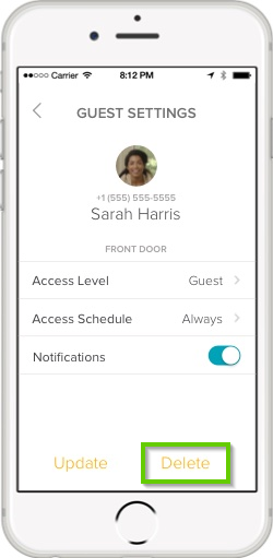August home app guest settings showing delete button