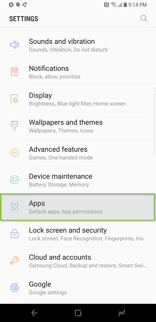 Settings page with Apps highlighted