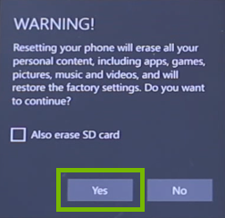 warning dialog with yes highlighted
