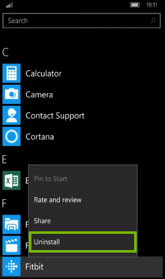 Context menu for app with uninstall highlighted