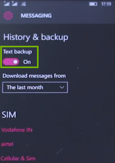 Messaging settings with text backup switch highlighted