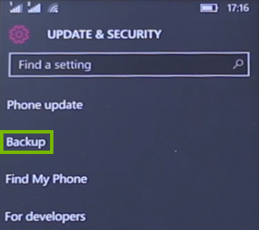 Update and security with Backup highlighted
