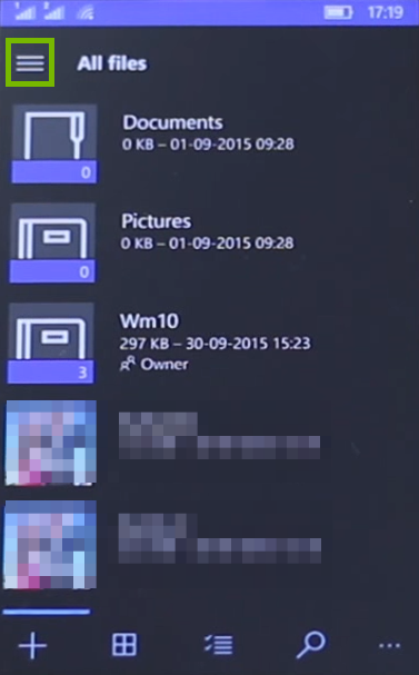 One Drive with menu icon highlighted
