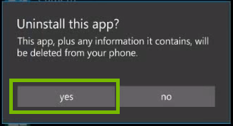 Dialog for deleting an app with Yes highlighted