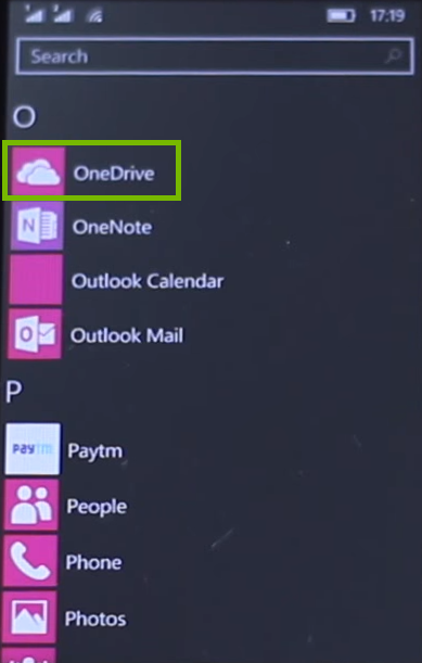 Apps list with OneDrive highlighted