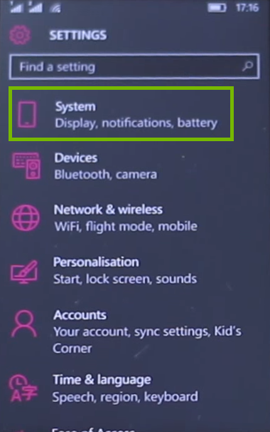 Settings screen with system highlighted