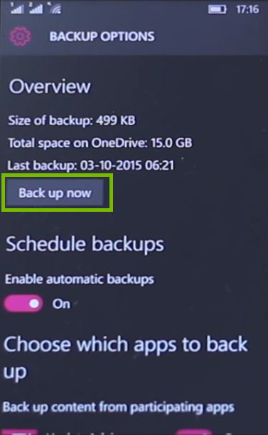 Backup options with back up now button highlighted