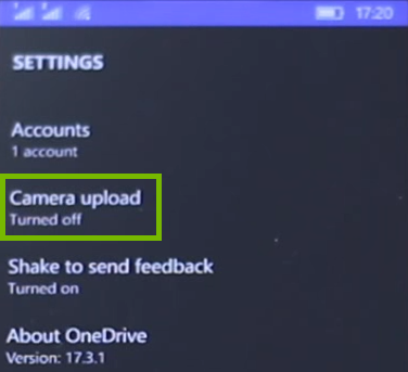 OneDrive Settings with camera upload highlighted