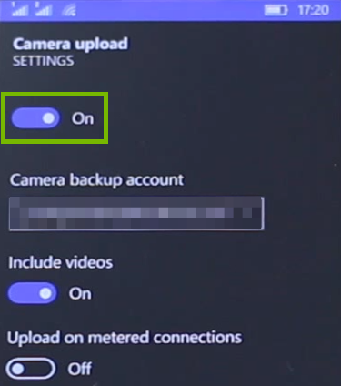 Camera upload settings with on off switch highlighted