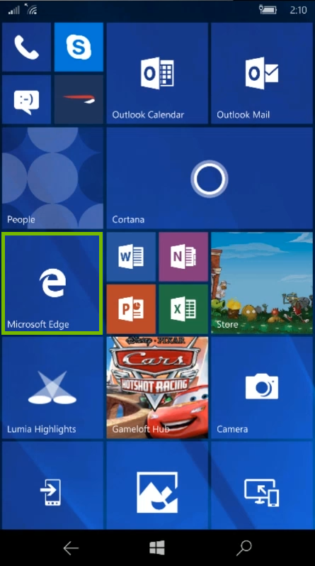 Windows Mobile home screen with Edge highlighted