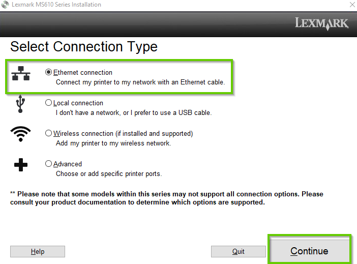 Lexmark printer install options with ethernet connection selected