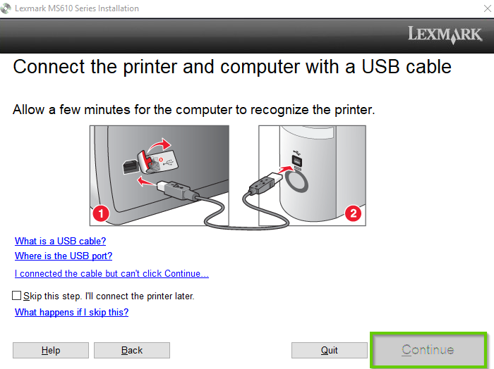 Lexmark install software page showing how to connect the USB cable