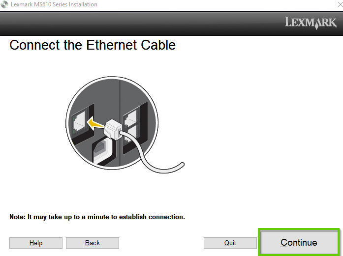 Lexmark printer install software showing to connect the ethernet cable