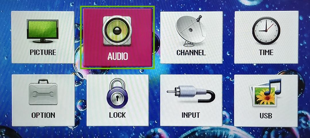 Television on-screen menu with Audio highlighted