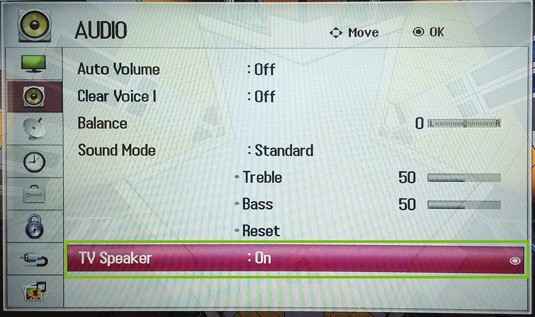 Television audio menu with TV Speaker highlighted