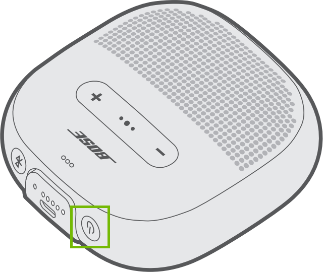Diagram of speaker with power button highlighted.