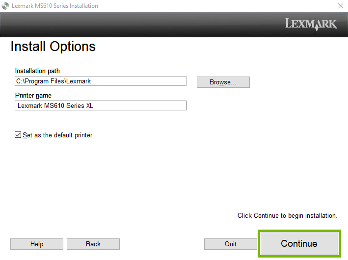continue highlighted on installer