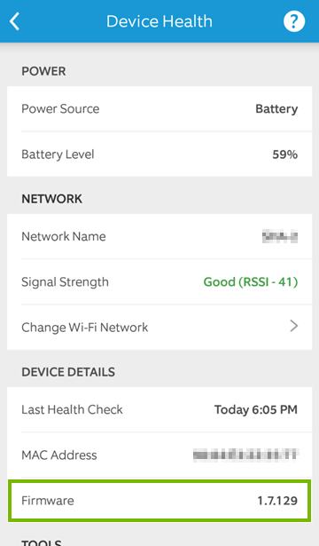 Device Health screen in mobile app