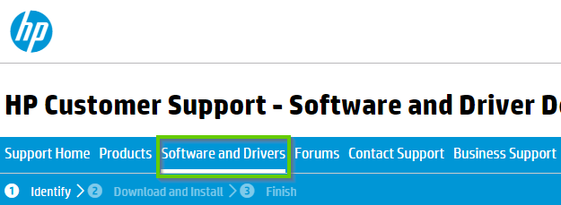 Website for hp support showing software and driver highlighted