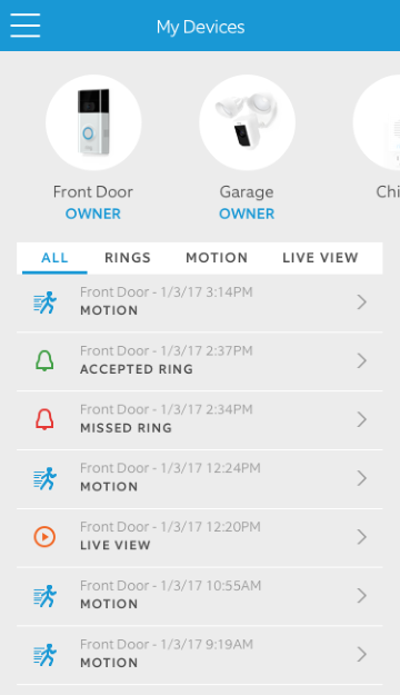 Mobile app showing event history.
