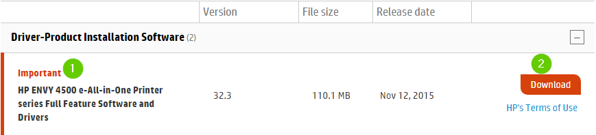 HP printer download showing Important and download highlighted