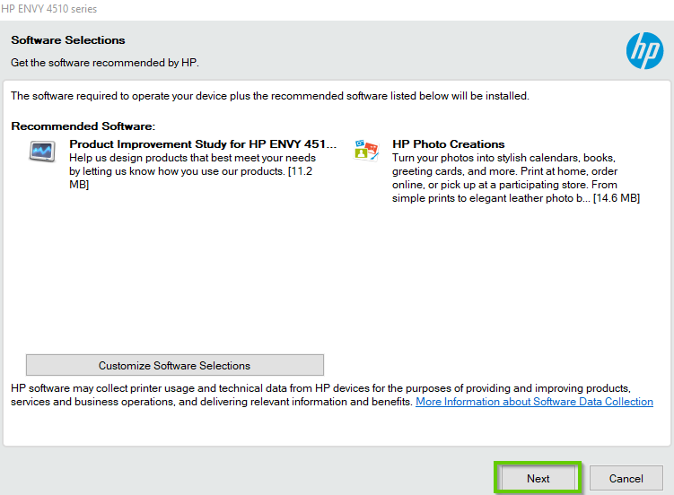 HP Printer installation with next button highlighted.