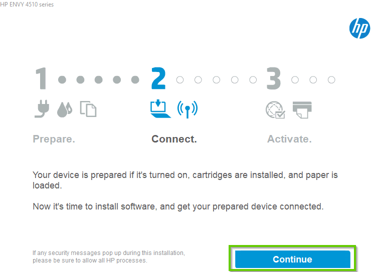 HP Printer installation with continue button highlighted.