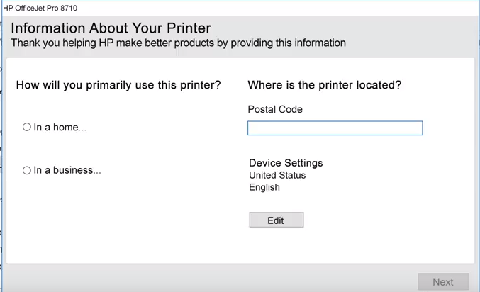 HP printer software asking for printer use and zip code
