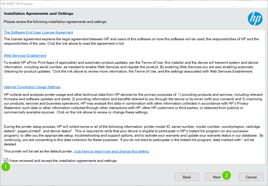 HP Printer installation highlighting the service agreement checkbox and next button.