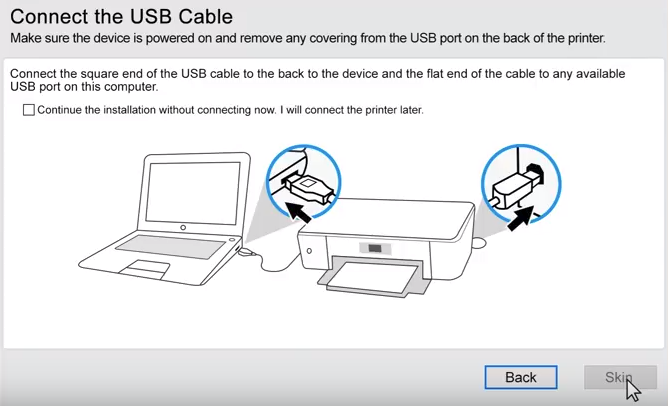HP printer software explaining to connect the USB cable
