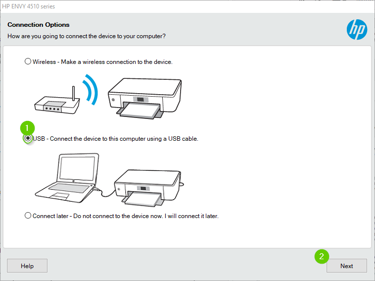 HP Printer installation highlighting the USB radio button and next button.