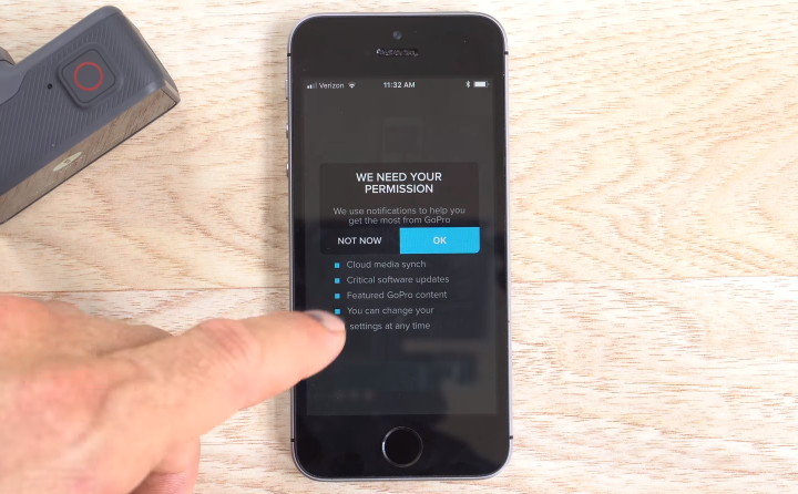 GoPro app prompting the user for permission to perform tasks on the smartphone.