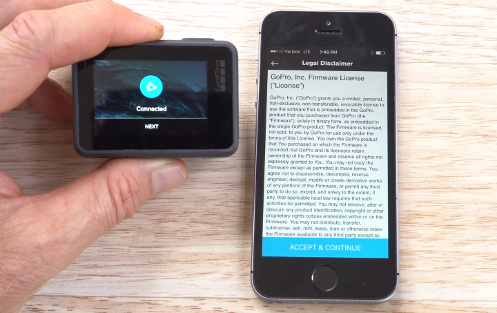 GoPro HERO6 displaying a successful connection screen, and a smartphone displaying a EULA acknowledgement.