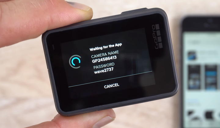GoPro HERO6 displaying temporary Wi-Fi information that will be used for initial setup.