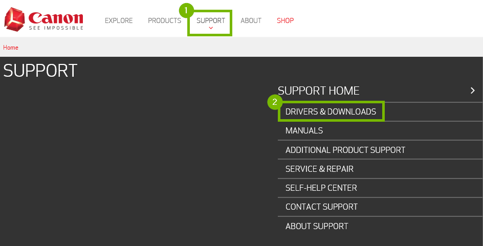Support and Drivers & Downloads options highlighted on Canon webpage.