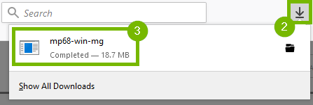Mozilla Firefox's download manager button highlighted and a recent download within this list highlighted.