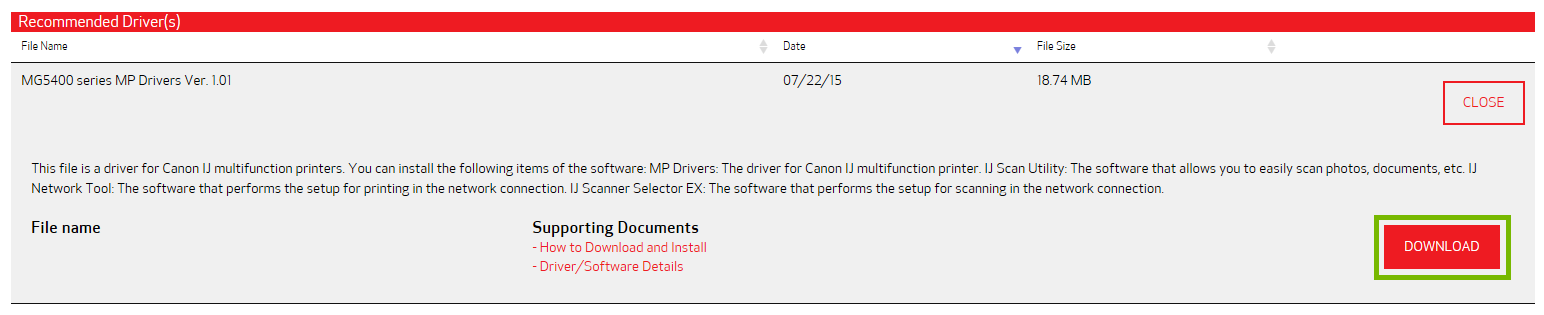 Selected driver download page with Download button highlighted.
