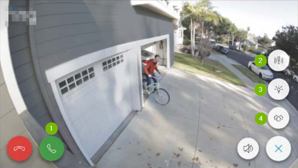 Phone screen showing outdoor camera view.