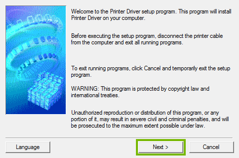 Printer software setup welcome screen.