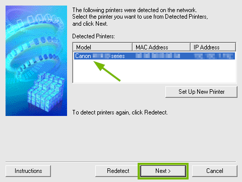 Network printer selection screen.