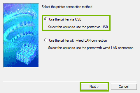 Printer connection method selection screen.